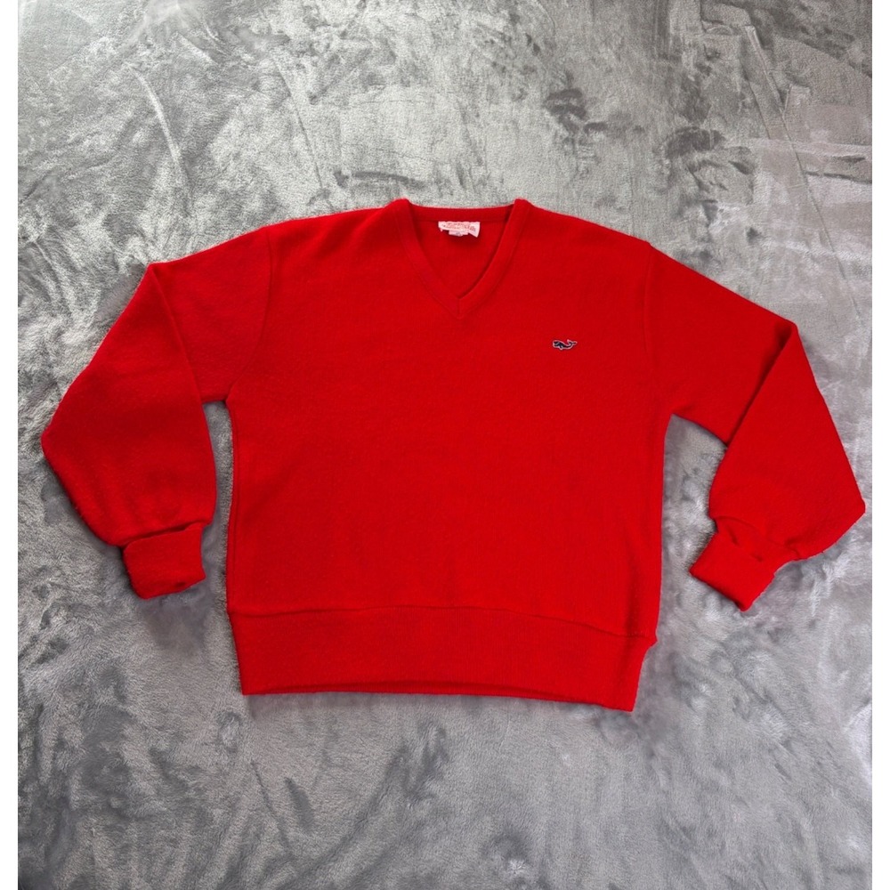 Fall River Knitting Mills Whale V-Neck Sweater Men L Red USA Vtg Vineyard Vine